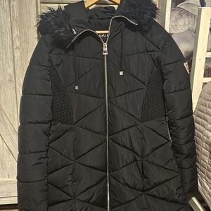 LADIES GUESS SZ XL KNEE LENGTH BLACK HOODED PUFFER JACKET SUPER WARM